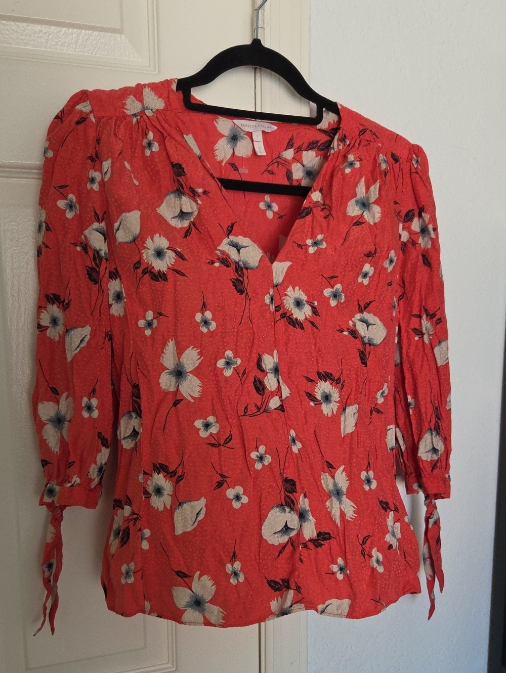 Rebecca Taylor Floral Tie-Sleeve V-Neck Blouse Size 2